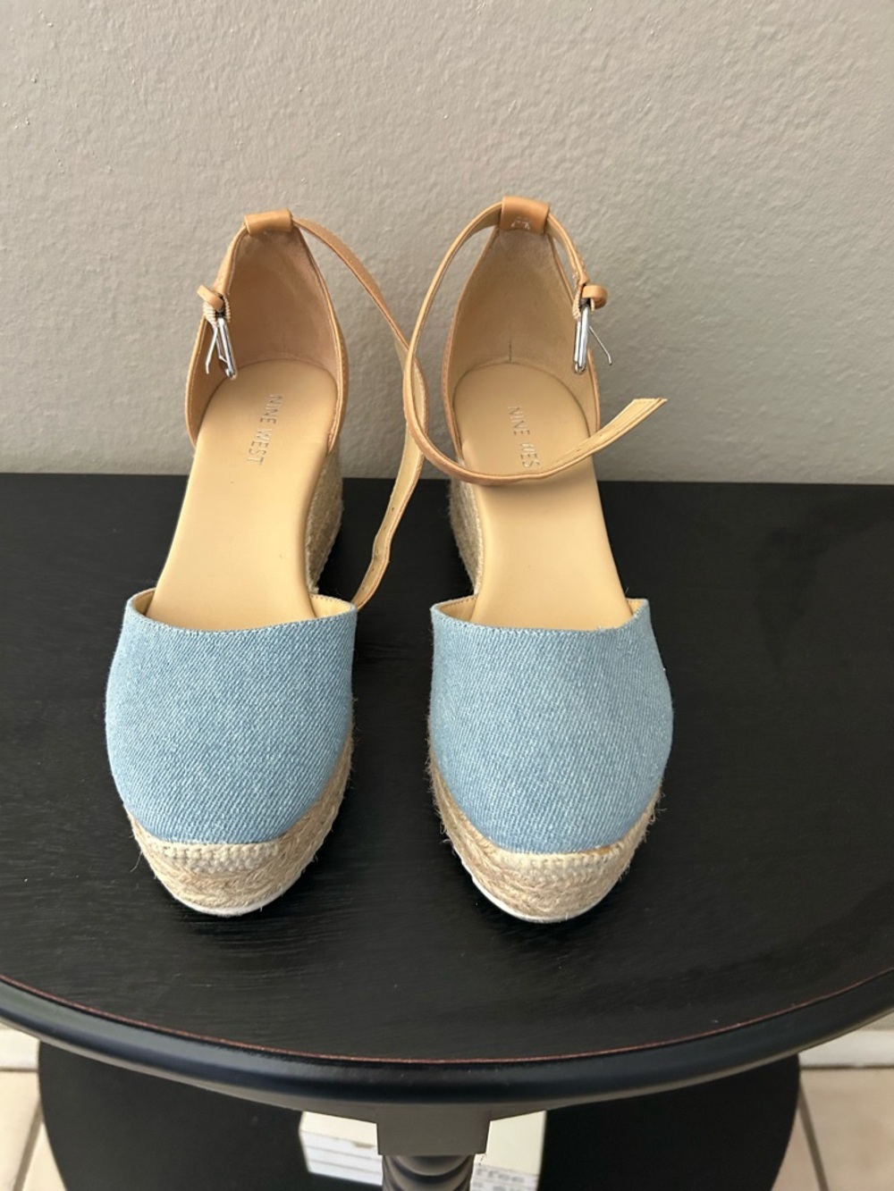 Nine West Light Blue Denim Espadrille Wedges with Tan Ankle Strap